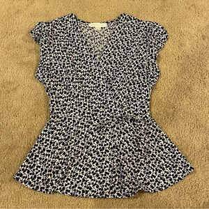 Monteau floral navy blue/white tank blouse ruffle cap sleeved ladies small